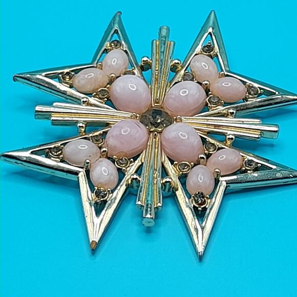 Vintage Maltese Cross Brooch, Pink Cabochons Gray Rhinestones Signed MX233 - Picture 10 of 10